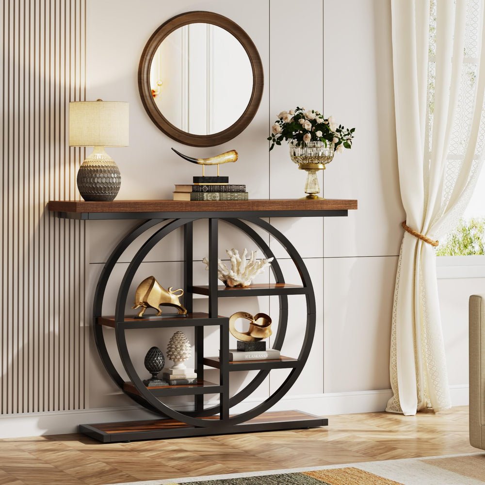 MS Furnishings Modern Circular Frame Console Table – Industrial Wood & Metal Display Shelf