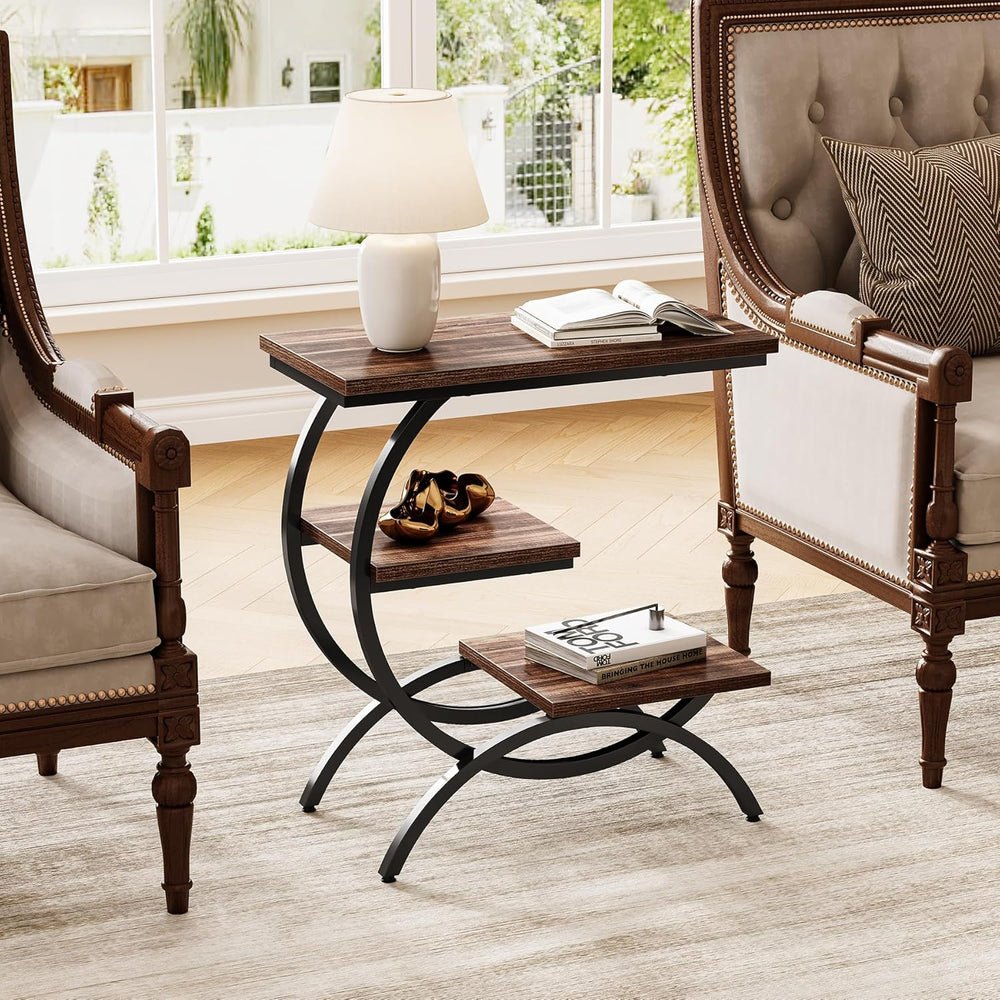 MS Furnishings Modern C-Shaped 3-Tier Side Table – Industrial Wood & Metal Accent Nightstand