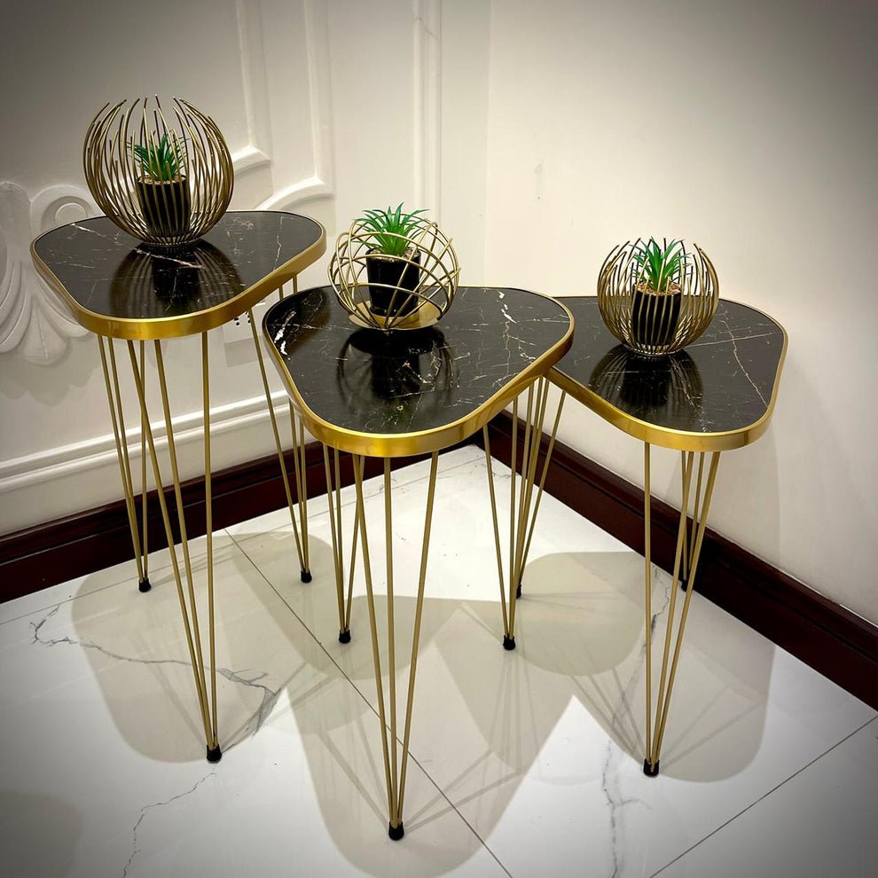 Luxury Round Nesting Tables – Set of 3 Black Marble & Gold Side Tables