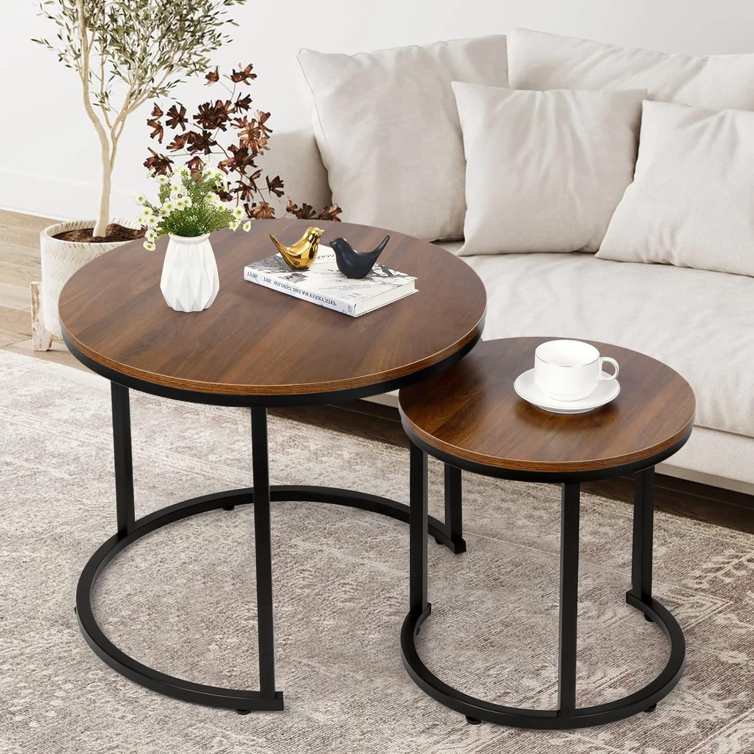 Rustic Industrial Nesting Coffee Table Set – Round Accent Side Tables (Set of 2)