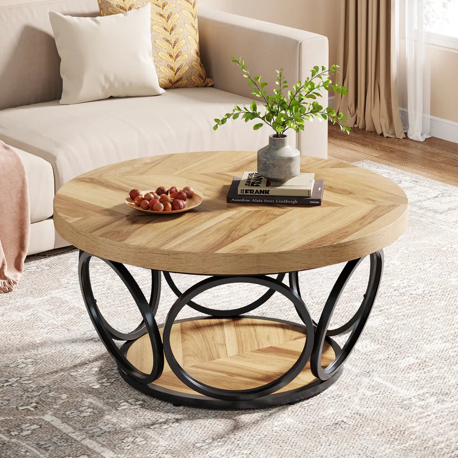 31.5" Modern Round Coffee Table with Geometric Circular Metal Base and Storage Shelf