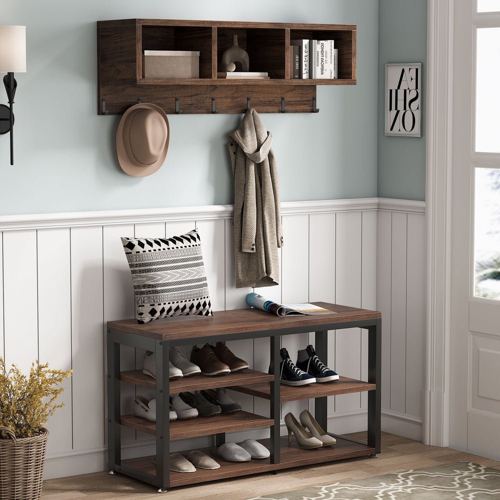 5-in-1 Industrial Entryway Hall Tree with Wall-Mounted Coat Rack, Storage Cubbies & Shoe Bench